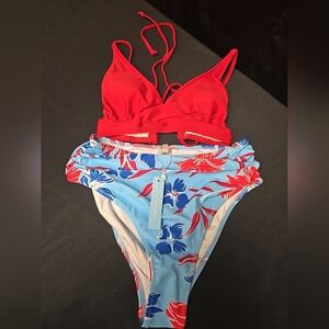Small 2 Piece Bikini Floral Bottoms Red Top